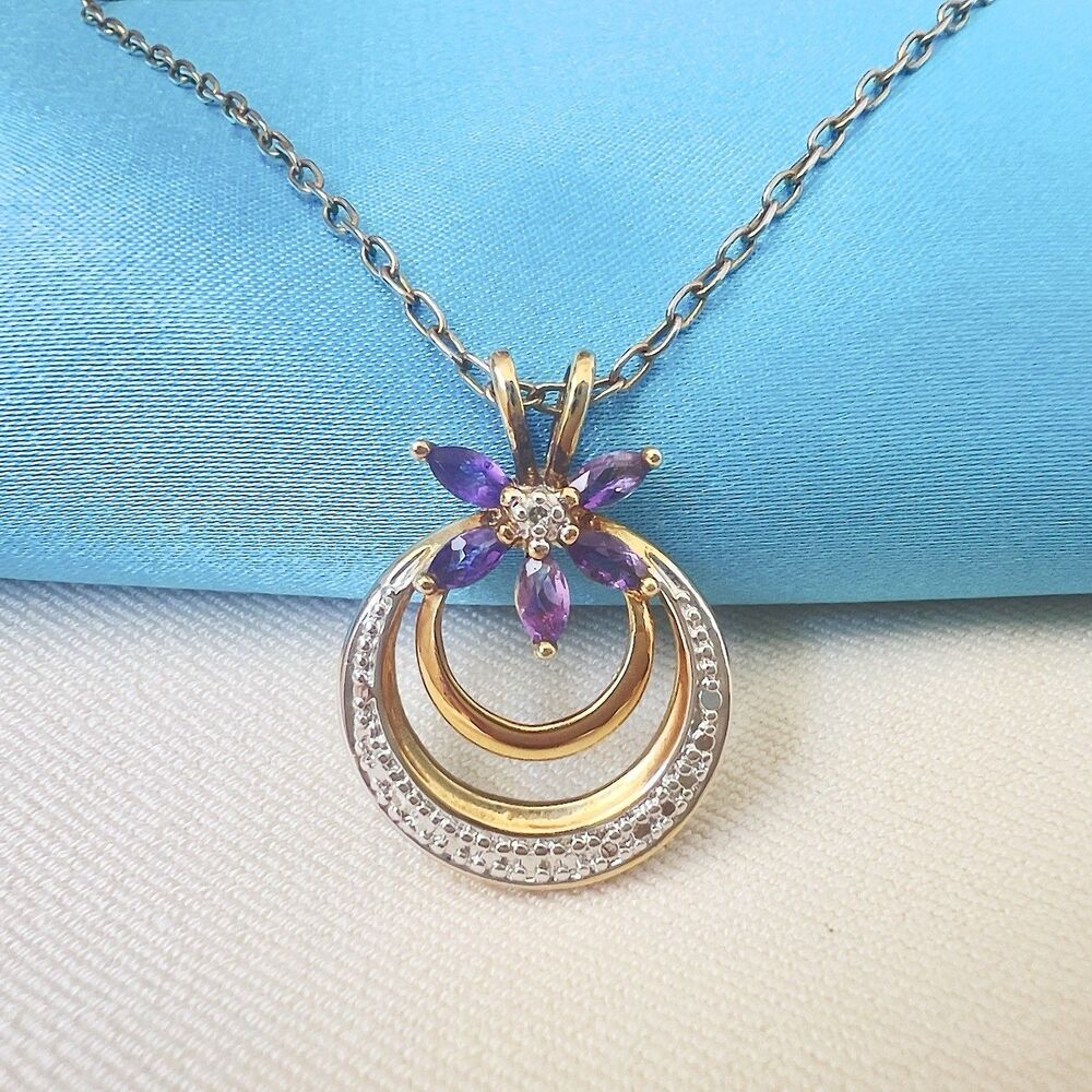 R 14k Gold 925 Sterling Silver Necklace Amethyst Flower Crescent Pendant 18'
